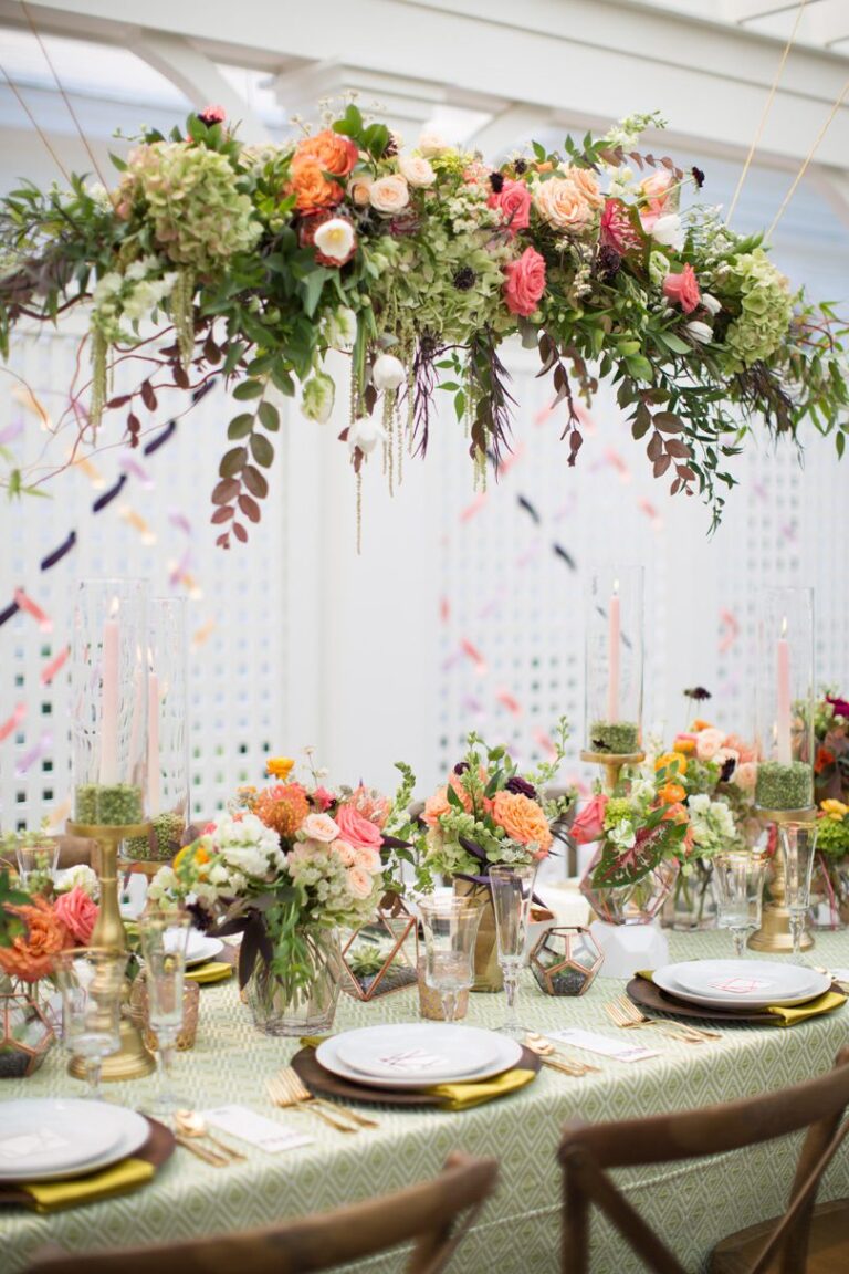 Hanging Coral Pink and Gold Arrangement by Eclectic sage over garden inspired wedding tablescape, Katherine Miles Jones PHotography