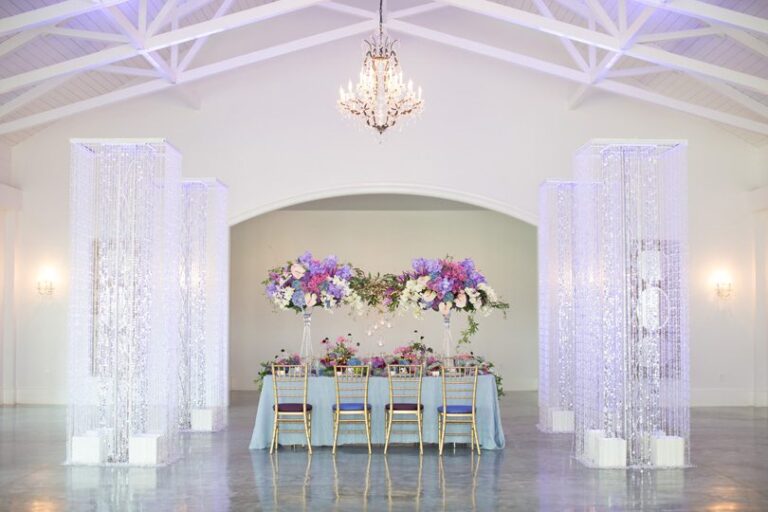 Crystal Columns by Get Lit with Bloom Works NC Florist jewel tone palette with purple extravagant floral designs by Katherine Miles Jones Photography
