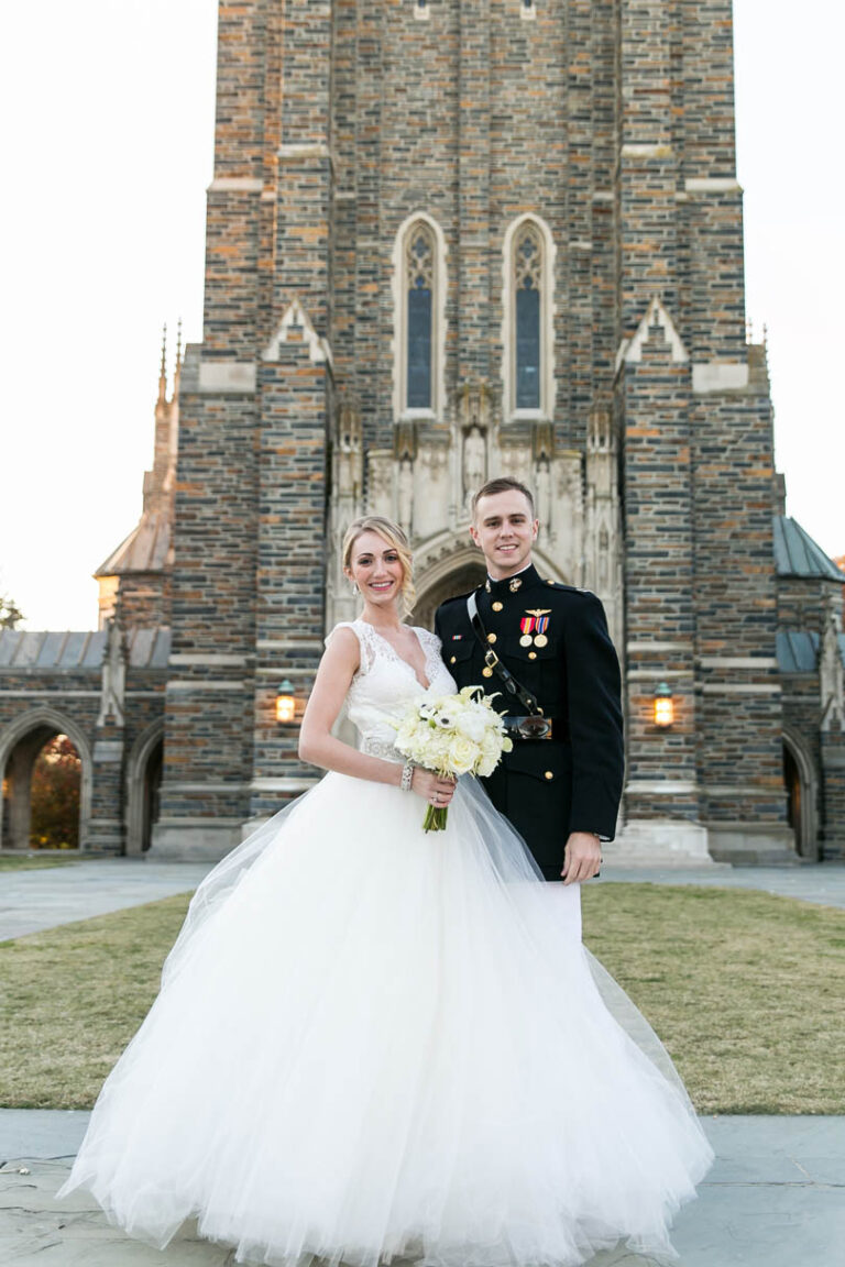 Bride and Marine Uniform Groom in front of Duke Chapel Wedding Renee Sprink