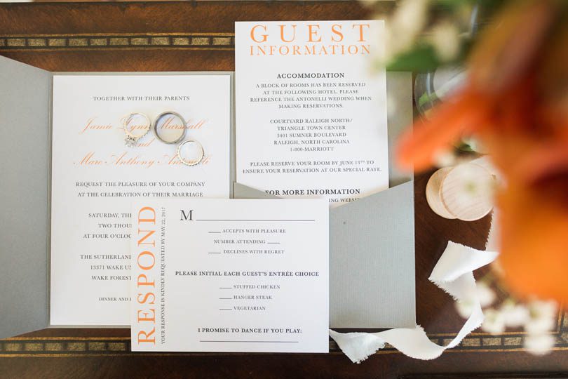 Paperbuzz-grey-and-orange-invitation-suite-for-wedding-at-wedding-at-The-Sutherland-in-NC-bowtie-collaborative