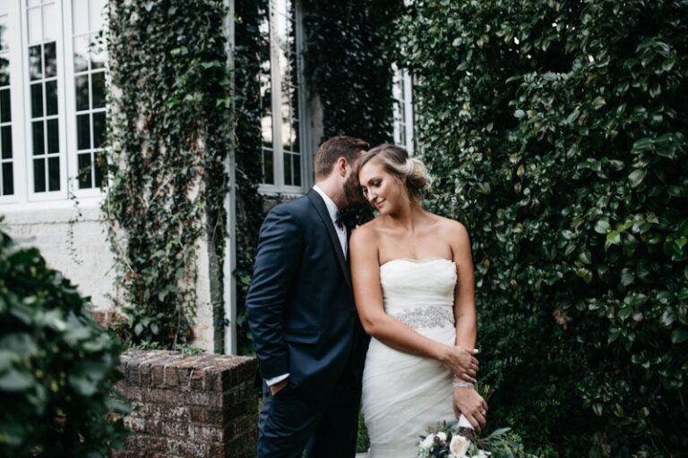 Artistic shot of Bride and Groom intimate moment in front of estate wedding, by McLean Events, Michelle Lyerly2