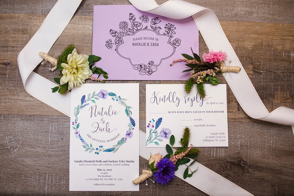 Invitation Suite with purple florals for wedding at The Bradford, Raleigh Wedding Venue, Johanna Dye