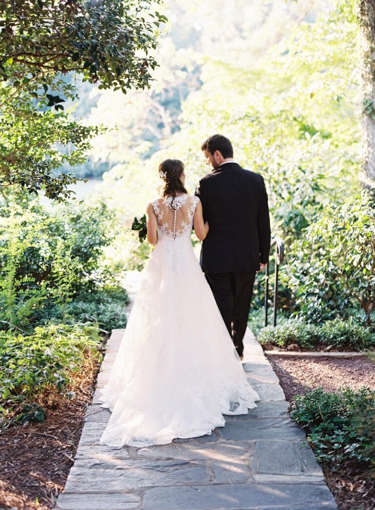 Bride in Pronovias gown by Lana Addison, Cary Bridal Shop and groom walk in Duke Gardens for Wedding Portraits, Anagram