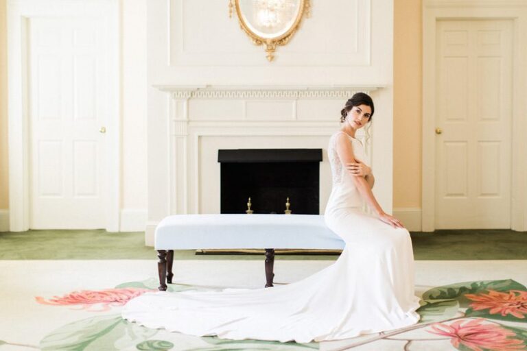 Bride-models-modern-pronovias-gown-from-Lana-Addison-photographed-at-The-Carolina-Inn-for-Southern-Bride-Groom-Magazine-by-Bronwyn-Duffield