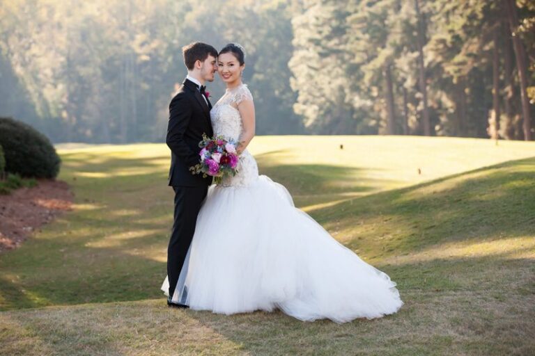 Couple Wedding Photography Portraits on Golf Course in Durham, at Washington Duke Inn for Duke Chapel wedding, Brian Mullins Photography