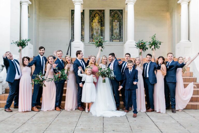 Blush Bridesmaids Navy Blue Groomsmen Entire Bridal Party at Vintage Church Wedding in Downtown Raleigh Ronquillo