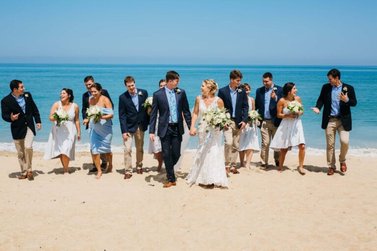 Bridal Party Light Blue Beach Dresses and Navy Suits Ocean Wedding at The Sanderling Resort on Outer Banks Sarah D'Ambra