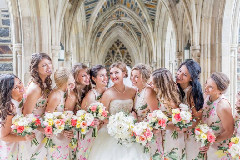 Bride in Vera Wang Gown Bridesmaids Floral Dresses Watered Garden Bouquets Duke Chapel Kir Tuben