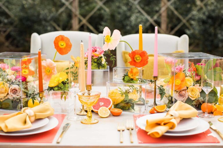 Colorful Citrus Party Summer Wedding Theme Outdoor Table Setting Bride and Groom Chairs Hey Love