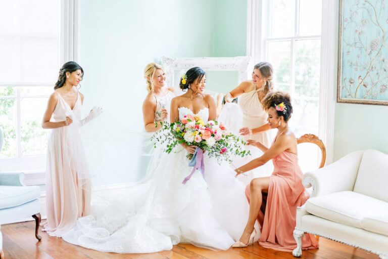 Bride Getting Ready Bella Bridemaids Merrimon-Wynne House Romantic rainbow wedding design by Folie à Deux Events Jordan