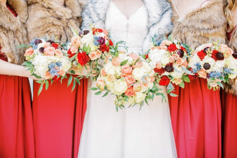 Bridesmaids bouquets red and white florals
