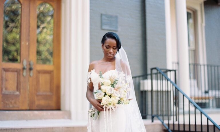 White of Raleigh Wedding Dress Veil Kamala by Savin London Bride an Bouquet