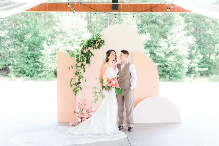 pink backdrop barn wedding
