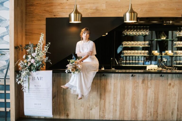 wooden bar lace wedding dress floral bouquet