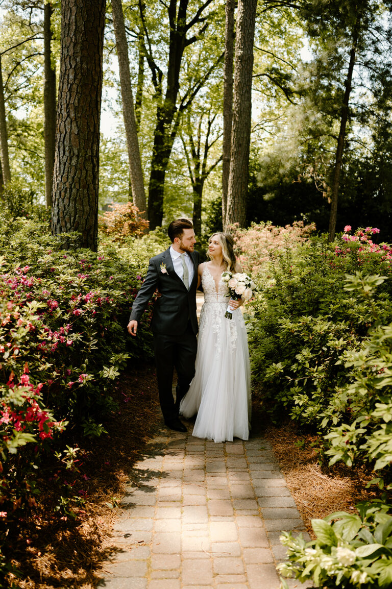 bride and groom at garden wedding ceremony